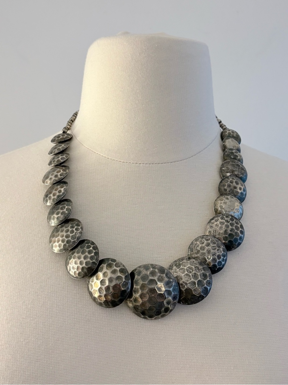 Vintage silver hammered pillow bead necklace
